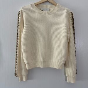 Michelle Mason Womens Chain Embellished Ribbed Wool Blend Sweater Ivory Sz Small